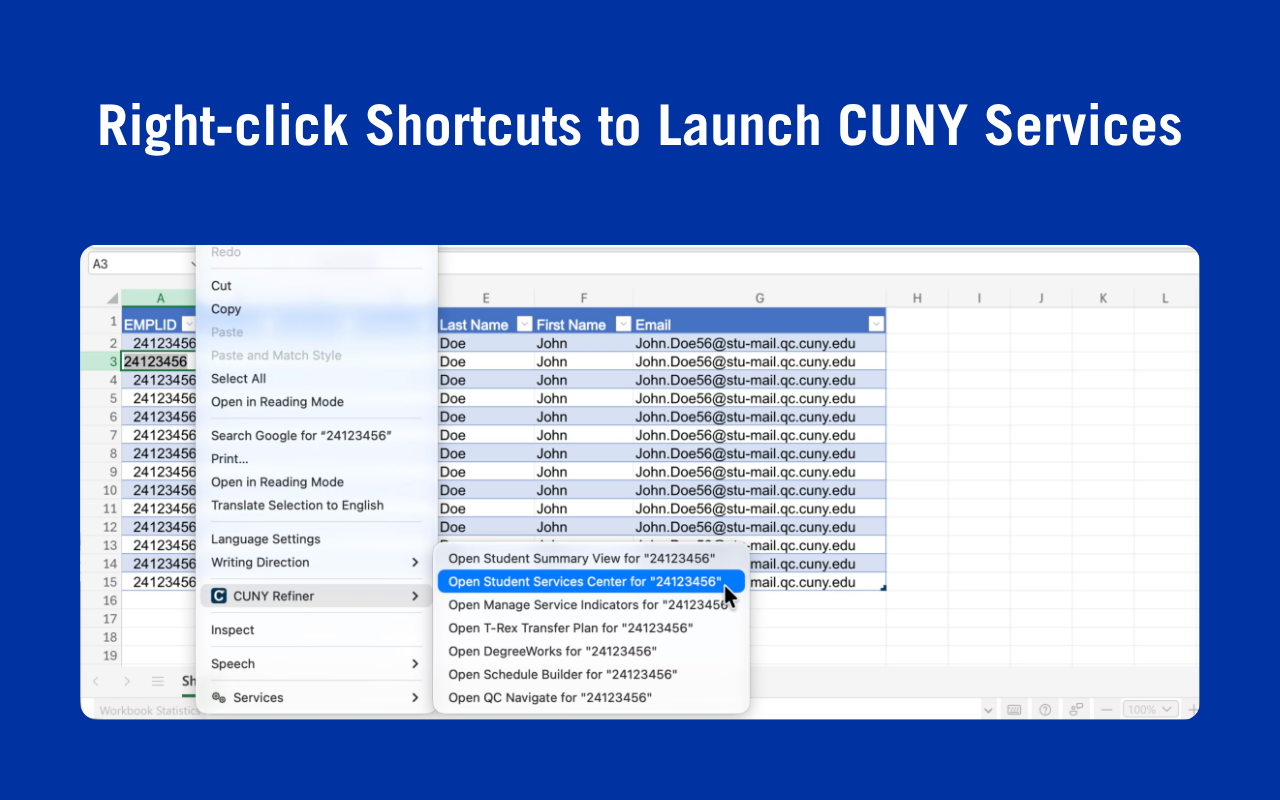 Screen shot of CUNY Refiner with a dropdown menu displaying various shortcuts